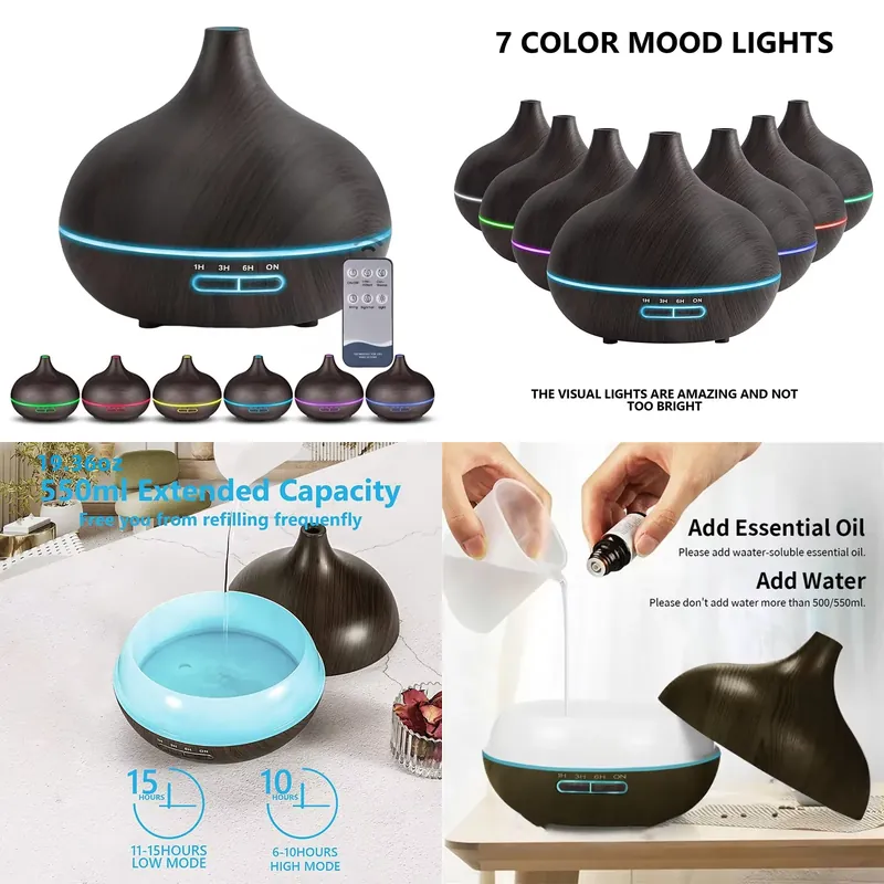 Essential Oils - เครื่องกระจายกลิ่นอโรมา USB สีไม้ 550 มล., เครื่องกระจายกลิ่นน้ำมันหอมระเหยพร้อมไฟ