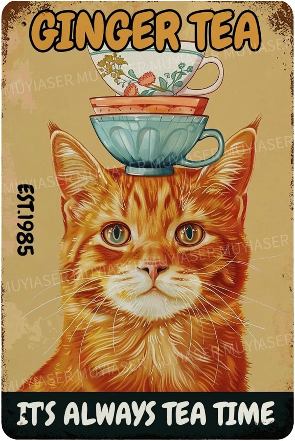 Ginger Tea - ป้ายโลหะ ลายชาขิง แมว ป้ายวินเทจ ป้ายอลูมิเนียมสไตล์เรโทร สำหรับตกแต่งห้องน้ำ